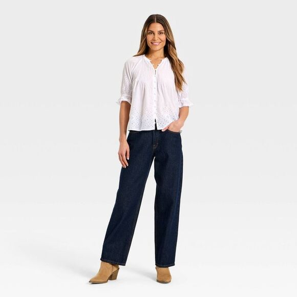 Universal Thread - Women's Puff Elbow Sleeve Ruffle Round Neck Blouse White - Picture 3 of 3